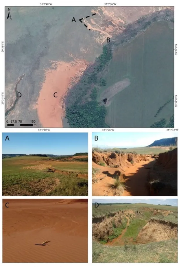 Figura 6: Imagem de Satélite CNES/Astrium do ano de 2012 e fotografias das feições da arenização  associadas ao Cerro da Esquina: A – Leques de Dejecção; B – Ravinas; C – Areal e feições eólicas 