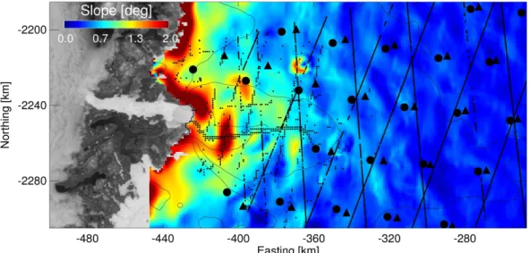 Fig. 1. Slope from Bamber et al. (2001), plotted over a MODIS image from June 2002. Also uncorrected (large black dots) and corrected (black triangles) locations of Envisat cross-over clusters, ICESat tracks, and ATM flight lines (small black dots) are sho
