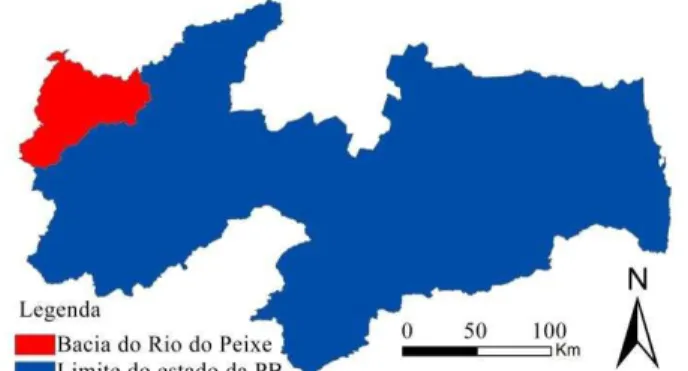 Figura 1.  Estado da Paraíba e localização da área de estudo Na Tabela 1 se apresentam as populações rural e urbana para os anos de 1991, 2000 e 2010 para os municípios localizados na  Bacia  do  Rio  do  Peixe,  percebendo-se  decréscimo populacional na á