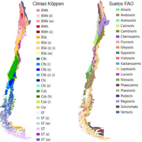 Figura 1: Climas y suelos de Chile, según Rubel y Kottek (2010) y FAO (2014). 