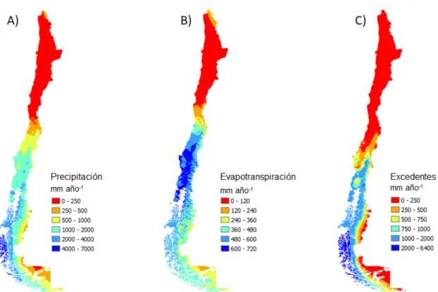 Figura 4:  Principales procesos del ciclo hidrológico (Precipitaciones, A; Evapotranspiración, B; y  Excedentes de agua, C) en Chile para el escenario RCP4.5 del año 2050