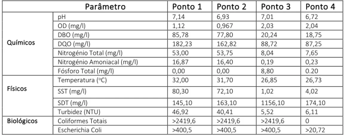 Tabela 2. Concentrações médias do efluente gerado nos pontos de colheita                                   Parâmetro  Ponto 1  Ponto 2  Ponto 3  Ponto 4 