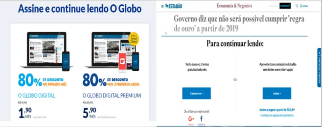 Figura 2. Modelo de cobranças do Globo e Estadão Fonte: Reprodução dos sites: oglobo.globo.com e estadão.com
