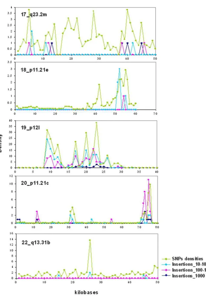 Figure 7. Insertions and SNPs in individual isochores of chromosomes. Numbers of insertions (in the three size classes 10–100 bp, 100–