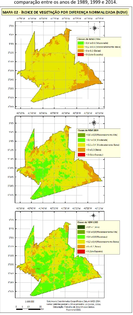 Figura 3 - Índice de Vegetação por Diferença Normalizada (NDVI) do município de Castelo do Piauí,  comparação entre os anos de 1989, 1999 e 2014.