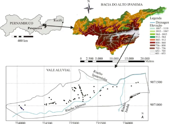 Figura 1.  Mapa do Estado de Pernambuco, da bacia hidrográfica do Alto Ipanema e esquema do vale aluvial, apresentando a malha de piezômetros