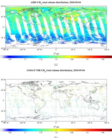 Figure 1. Much larger coverage of AIRS retrievals (a) as compared to GOSAT TANSO-FTS (b) as shown from the global CH 4 total column density on 4 September 2010