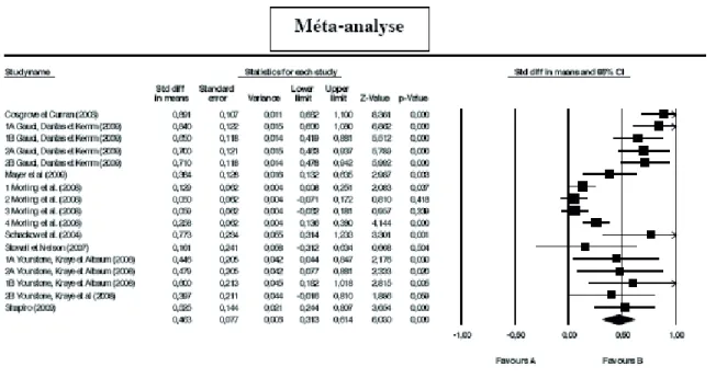 Figure 1. Résultats de la méta-analyse menée à partir du logiciel  Comprehensive Meta-Analysis 2.0
