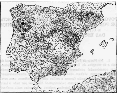 Fig. 1 — Localização na Península Ibérica c no Norte de Portugal (tracejado) do conjunto de  estações estudadas no vale do Tâmega (circulo maior) e do Corgo (circulo  menor).