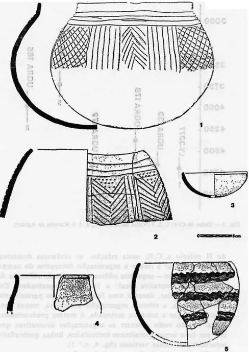 Fig. 4 — Recipientes cerâmicos: I, 2, 3 (Vinha da Soutilha); 4, 5 (Castelo de Aguiar).