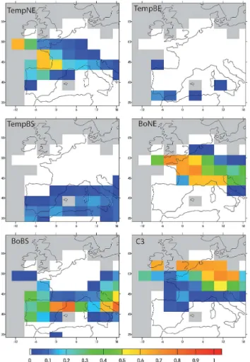 Fig. 9. Fractions of grid cells occupied by the different PFTs (annual maximum, between 0 and 1) simulated by ORCHIDEE in ON ctrl over Western Europe