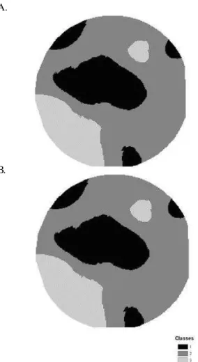 Figura  6.  Zonas  de  manej o  geradas  a  parti r  das concentrações foliares de N, P, K, Ca e S, pelos métodos KM (A) e FCM (B)