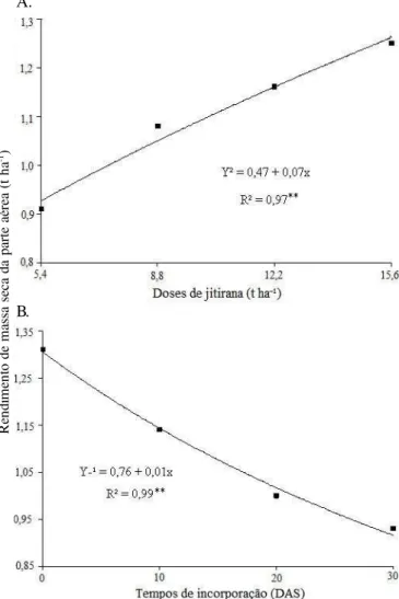 Figura 2. Rendimento de massa fresca da parte aérea de beterraba em função de doses de jitirana (A) e de seus tempos de incorporação ao solo (B)