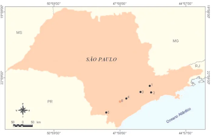 Figura 3. Localidades onde foi encontrado no Estado de São Paulo: 1- Parque Estadual da Cantareira (23º22’S 46º36’W); 2- Santo André (23º39’50”S 46º32’18”W); 3- Reserva Florestal Morro Grande (23º39’S 47º01’W); 4- Fazenda João XXIII, Pilar do Sul (23º56’37