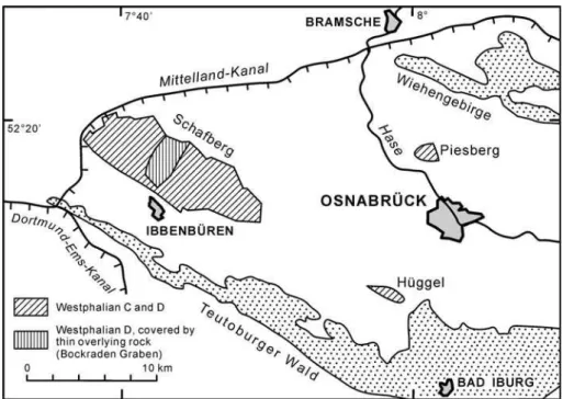 Figure 1. Schematic map show- show-ing the geological settshow-ing of the Westphalian C –D strata of the Piesberg region, to the north of Osnabrck (Lower Saxony,  Ger-many).