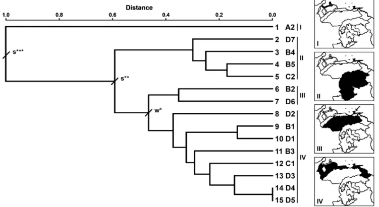 Figure 2. Classification dendrogram of the 15 physiographical sub-regions of Venezuela constructed according to the dissimilarity matrix of marsupial species presence-absence in each sub-region