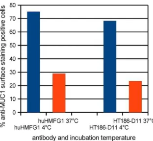 Figure 13. Internalisation of anti-MUC1 HT186-D11 and huHMFG1 IgGs. Internalisation was analysed by incubation of  MCF-7 cells with anti-MUC1 antibodies at 3MCF-7 u C or on ice (on ice or 4 u C, should be consistent throughout the paper) for 1h