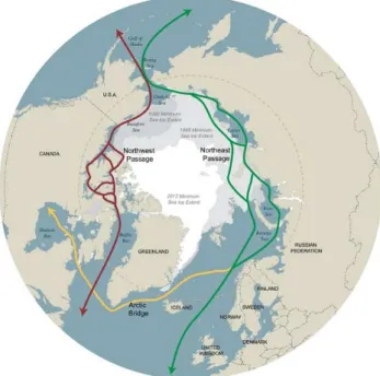 Fig. 8. Projected Arctic sea ice coverage. Ice coverage of seas within the Arctic Circle by % from January through December for 9-yr model means centered on 2030, 2060, and 2090, averaged over four models.