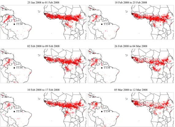 Fig. 6. Gridded statistical summaries of fires over Africa and South America. Panels are prepared using the eight-day composites of the Climate Modeling Grid (CMG) Fire Products of the MODIS Collection-5 Active Fire Product (Giglio et al., 2006)