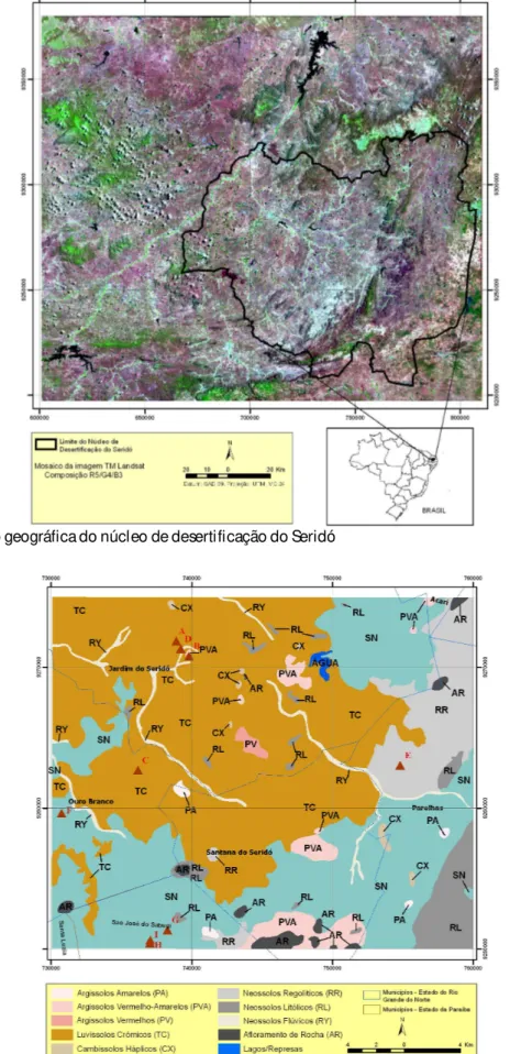 Figura 2.  Mapa em que são destacadas as subordens de solos  dominantes nos municípios de Parelhas, Ouro Branco, Jardim do Seridó, Santana do Seridó, no estado do Rio Grande do Norte, e São José do Sabugi, no Estado da Paraíba.