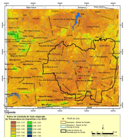 Figura 3.  Mapa do índice de umidade do solo (IUS) para o núcleo de desertificação do Seridó (Paraíba e Rio Grande do Norte)