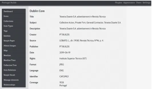 Figura 2 – Exemplo do preenchimento das 15 propriedades do Dublin Core, no sistema   Omeka, para uma das empresas integradas na primeira exposição virtual da plataforma.