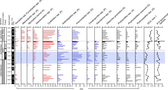 Fig. 2. Relative abundances of selected sporomorph taxa ([A] angiosperms, [G] gymnosperms, [P] pteridophytes) representative of the middle Paleocene to early Eocene assemblages from ODP Site 1172