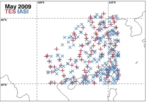 Figure 6. An example for the spatial distribution of 206 IASI and 128 TES data points.