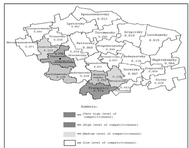 Figure 2: Ranking of districts by the level of competitiveness within the taking into account the 2008 value of the indicators