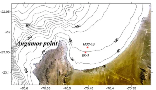 Fig. 1. Study area in Mejillones Bay and sampling locations for cores MUC-1B and BC-3.