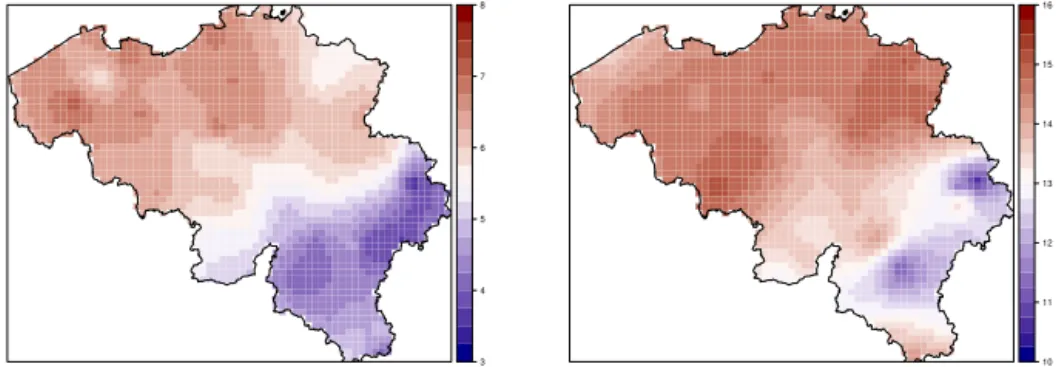 Figure 2. Averaged temperature over the 34 years [ ◦ C] for TN (left panel) and TX (right panels) using reference station records only