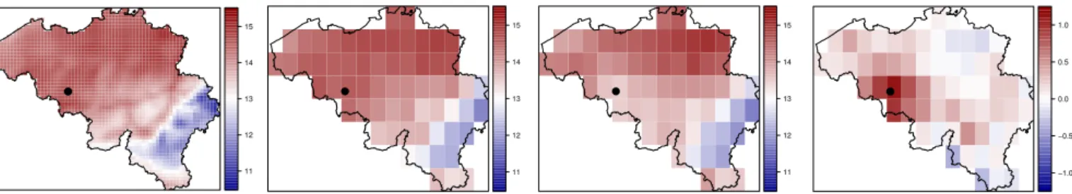 Figure 7. Averaged value for TX over the 34 years [ ◦ C]: FORBIO (4 km resolution), FORBIO (25 km resolution), E-OBS (25 km resolution), differences between FORBIO and E-OBS
