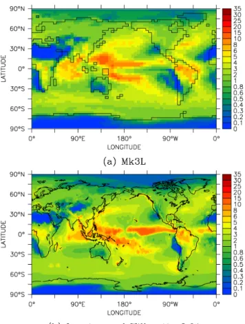 Fig. 6. Annual-mean precipitation (mm/day): (a) Mk3L (average for years 201–1200), and (b) Legates and Willmott climatology v2.01.