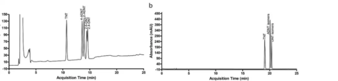 Figure 4. Separation of nitroaromatics by phenyl-3 column: (a) self-optimization performance, (b) with the method presented in Table 1.