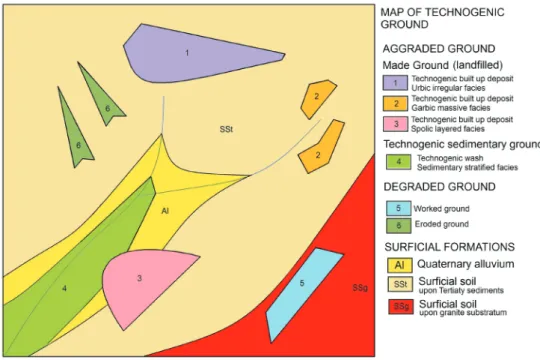 FIGURE 7 – Application of the technogenic geodiversity classification to the hypothetical geological situation  shown in figure 1.