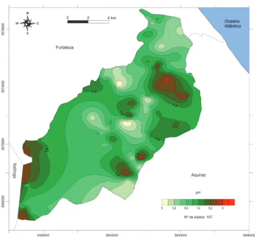 FIGURA 6 – Isolinhas com zoneamento tendencial do pH no Aquífero Barreiras no município de Eusébio - CE.