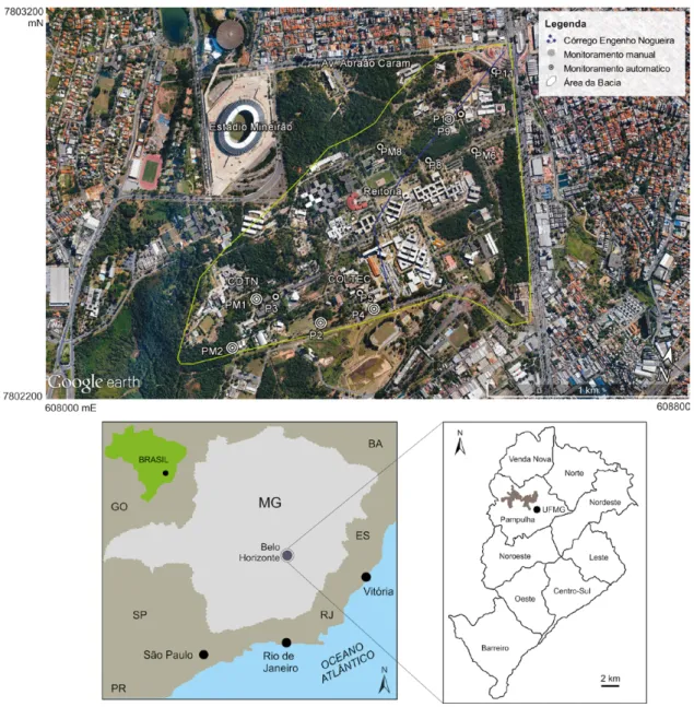 FIGURA 1 – Área de estudo com a localização dos poços e piezômetros monitorados (PM = poço de moni- moni-toramento/piezômetro, P = poço tubular)