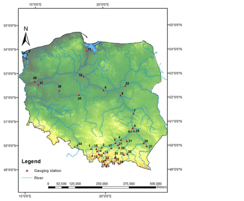 Fig 3. Map of 38 Polish gauging stations.