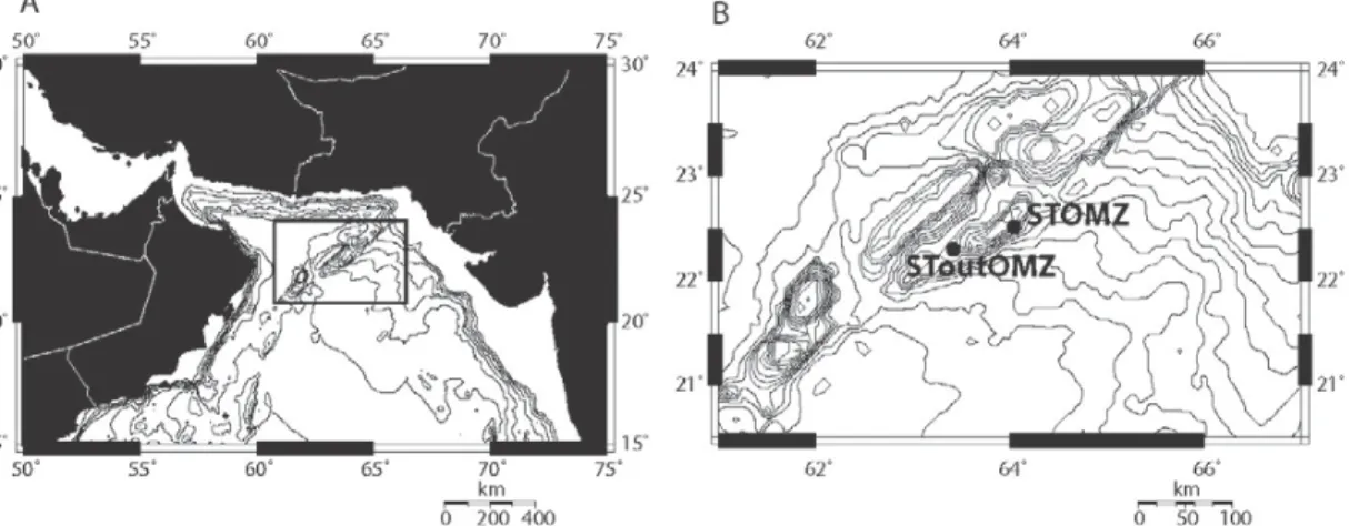 Fig. 1. The Northern Arabian Sea (A) and the sampling areas STOMZ and SToutOMZ indicated on the Murray Ridge (B).