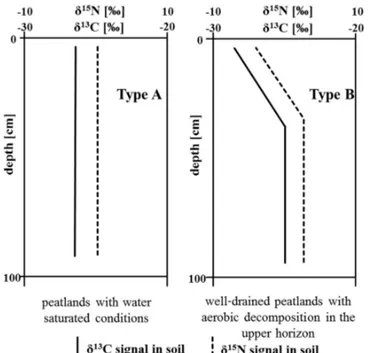 Figure 1. Theoretical concept of δ 13 C and δ 15 N depth profiles in natural (left) and degraded (right) peatlands.