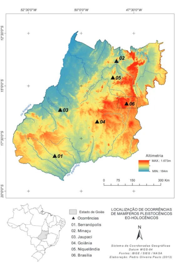 FIGURA 1 – Ocorrências de mamíferos pleistocênicos e holocênicos no estado de Goiás.