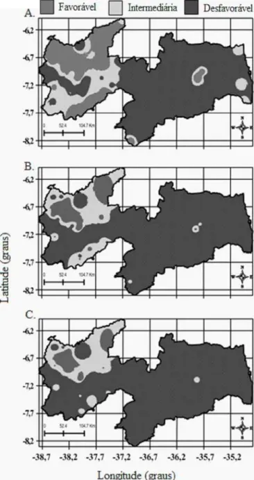 Figura 1.  Espacialização do índice de satisfação da necessidade de água para a cultura para semeadura do feijão-caupi de sequeiro em 15 de janeiro, nas condições atuais de temperatura do ar (A), com acréscimo de temperatura de 3 ºC (B) e de 6 ºC (C)