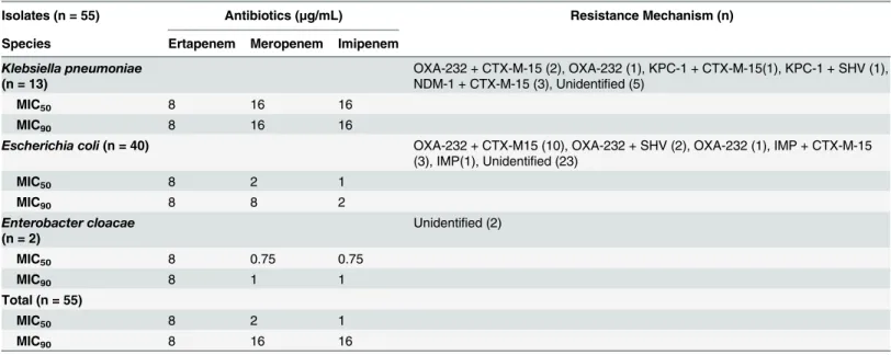 Table 5. Microbiology, Susceptibility Testing, and Molecular Mechanisms of Resistance of Carbapenem-Resistant Enterobacteriaceae Fecal Isolates.