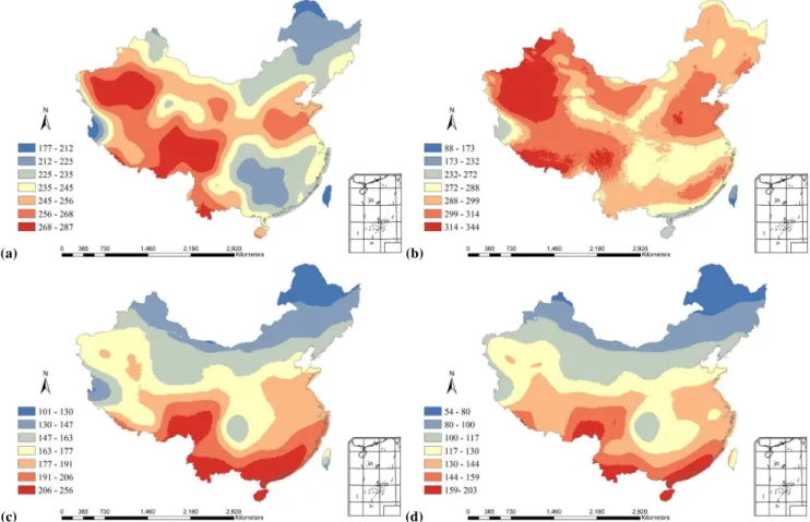 Fig. 3. Spatial distribution of perennial average of seasonal diffuse radiation in China during 1981–2010 (a, b, c and d denote spring, summer, autumn and winter, respectively