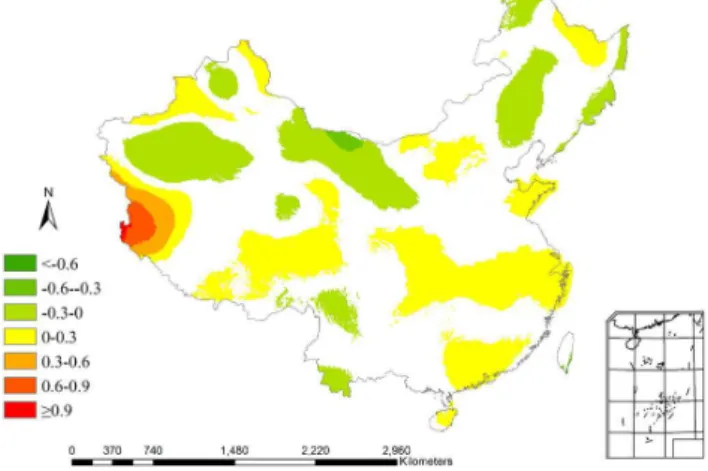 Fig. 5. Spatial distribution of the changing rate of annual diffuse radiation in China from 1981 to 2010 (white areas denote that there are no statistically significant trends, α = 0.05