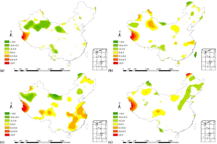 Fig. 6. Spatial distribution of changing rate of seasonal diffuse radiation in China from 1981 to 2010 (white areas denote that there are no statistically significant trends, α = 0.05