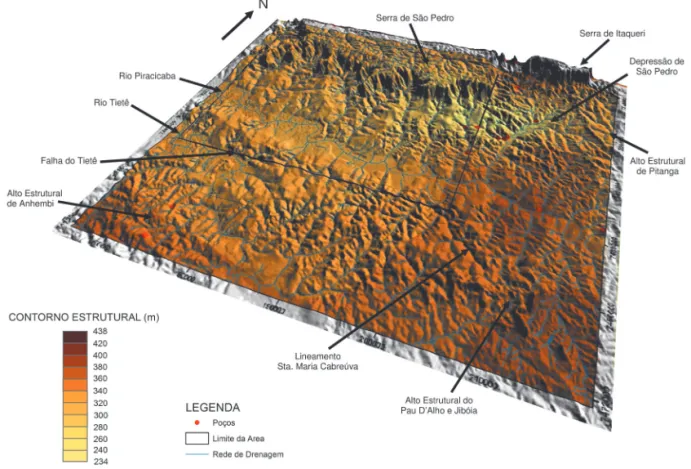 FIGURA 4 – Contorno estrutural do topo da Formação Irati sobreposto à topografia (MDT gerado a partir de  dados SRTM/NASA).