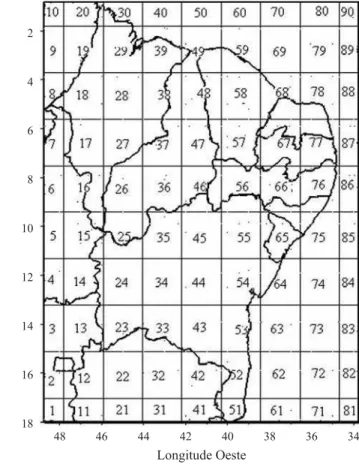 Figura 1.  Distribuição espacial dos 90 pontos de grade, com resolução de 2,5°  x 2,5°  graus de latitude e longitude, sobre a região Nordeste do Brasil
