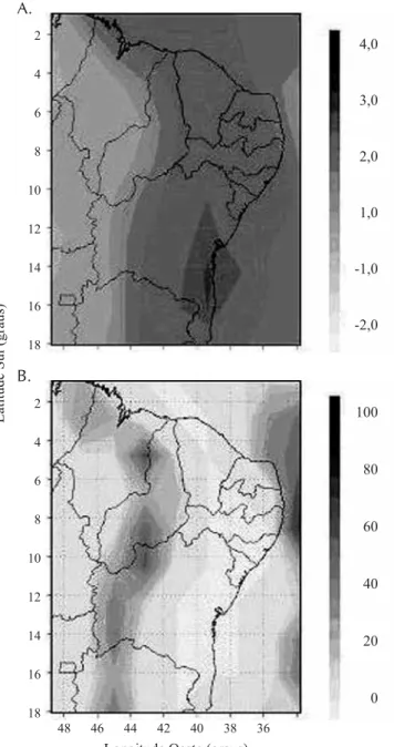 Figura 5.  Distribuição espacial da tendência temporal do saldo de radiação (A) e nível de significância do saldo de radiação (B) no Nordeste do Brasil para o período total de estudo (1948-2006)