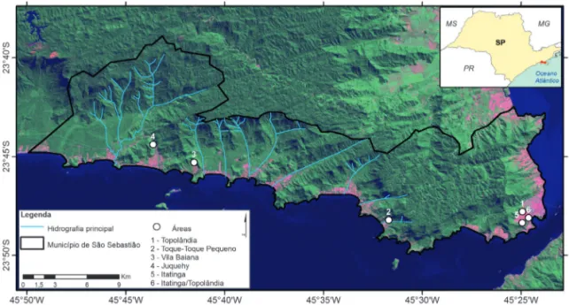 FIGURA 3 – Localização das áreas de risco a escorregamentos no Município de São Sebastião  (Imagem de satélite Landsat 7, 2012).